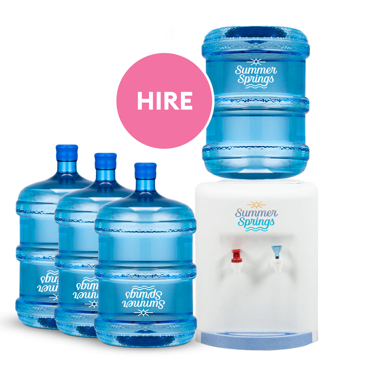 Set of Summer Springs water bottles and dispenser on a white background with 'Hire' text.