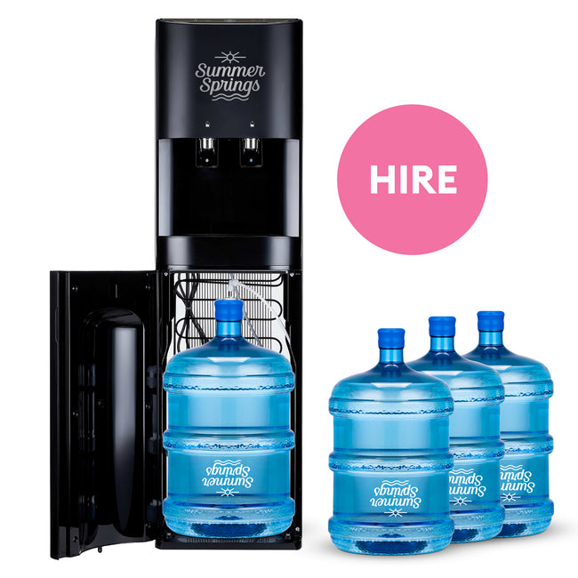  Black premium bottom load water cooler on annual hire, NSW delivery, Summer Springs