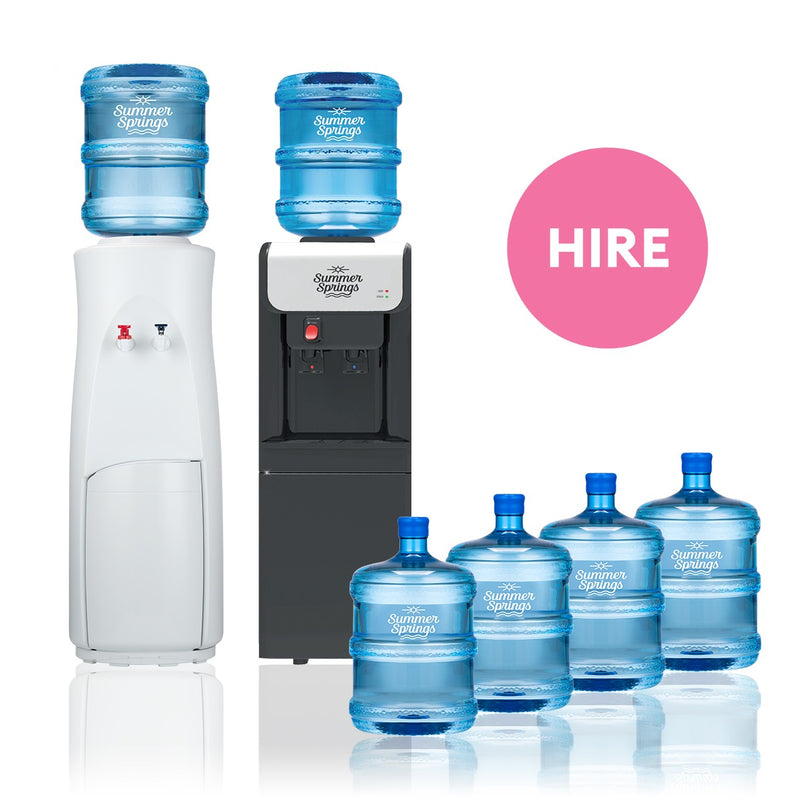 Water cooler system with blue water bottles labeled 'Summer Springs' on a white background.
